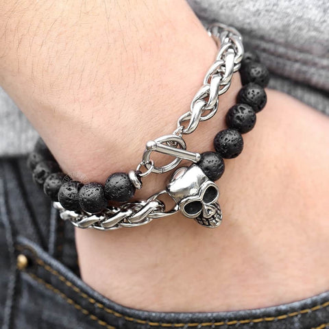 Skull Charm Stainless Steel Double Layered Link Black Lava Bracelets