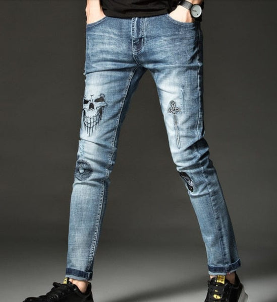 Men's Skull Soft Stretch Cotton Light Blue Casual Jeans