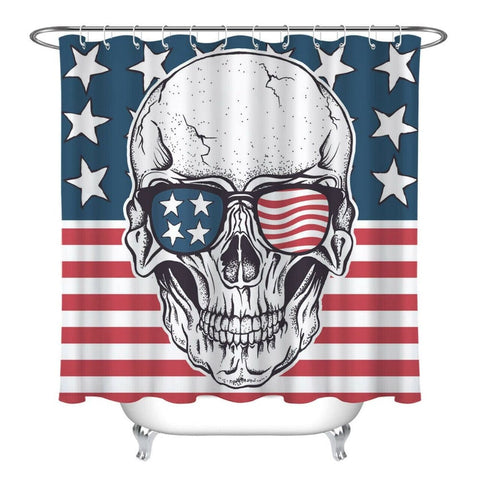 Skull USA Flag Print Waterproof Fabric Shower Curtain With Hooks