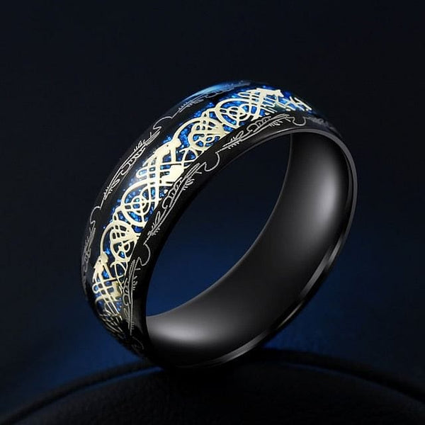 Stainless Steel Carbon Fiber Black Dragon Inlay Comfort Fit Rings