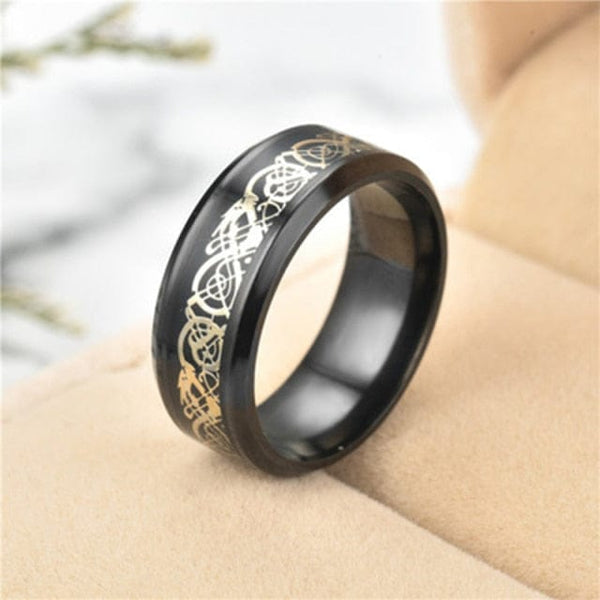 Stainless Steel Carbon Fiber Black Dragon Inlay Comfort Fit Rings
