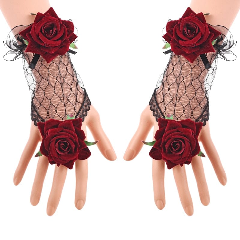 Steampunk Lolita Rose Hollow Vintage Lace Cuff Wrist Gloves