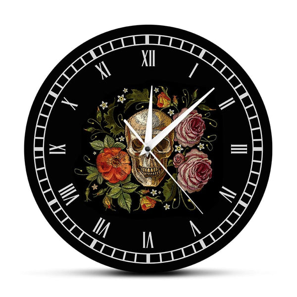 Tattooed Skull Roses Vintage Wall Clock