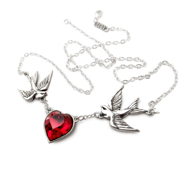 Two Swallows Holding A Red Heart Necklace