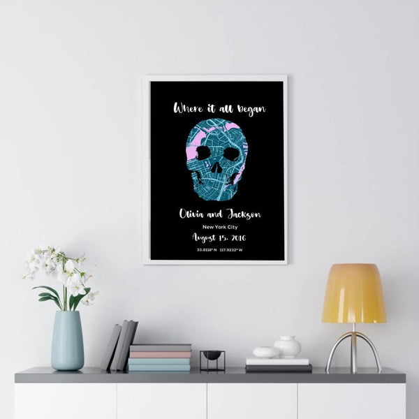 Where it All Began - Skull Heart Design Blue Pink with Black Background Custom Map