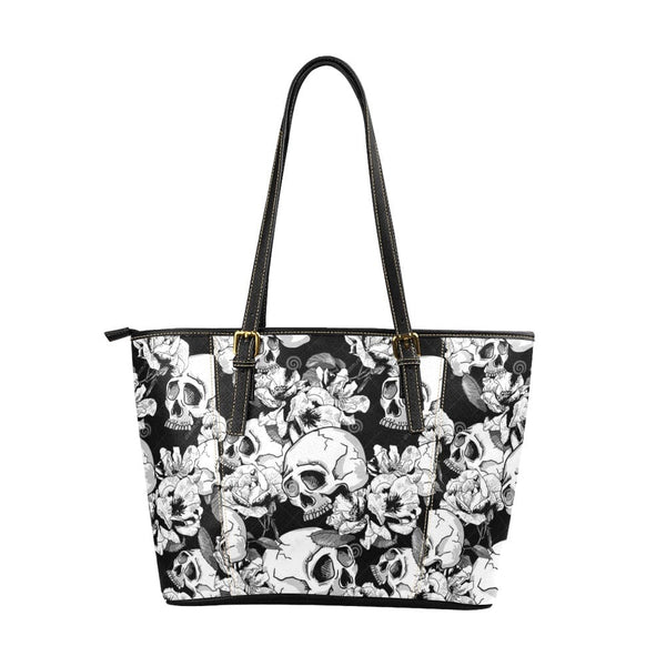 Skull Floral Grey White Leather Tote Bag