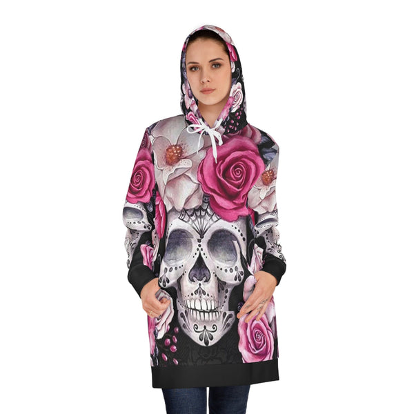 Women's Skull Pink Rose Floral Hoodie Dress