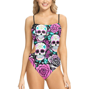 Women's Skulls Pink Floral One Piece Spaghetti Strap Cut Out Sides Swimsuit