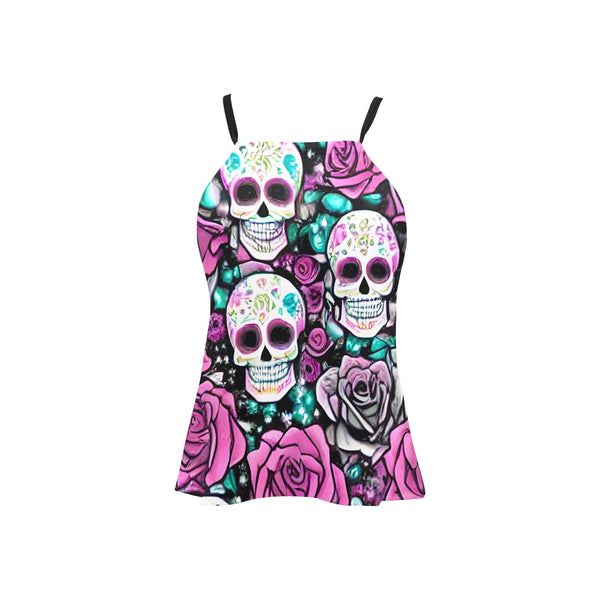 Pink Roses and Skulls Loose Fit Halter Neck Tank Top