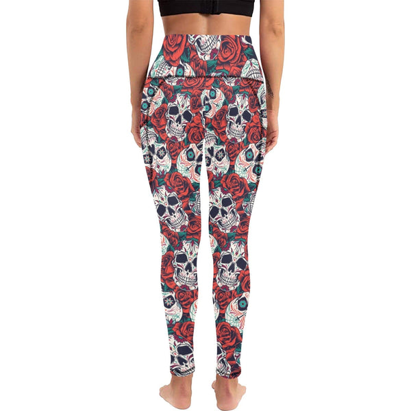 Make Your Workouts Bolder With Sugar Skulls Red Roses Women's Leggings With Pockets