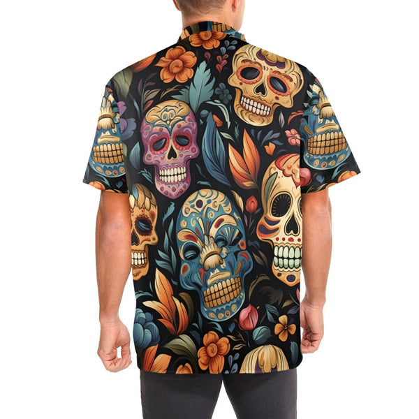 Men's Sugar Skulls Short Sleeve Stand-Up Collar Shirt