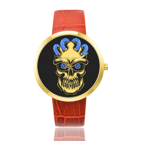 Skull Head Gold & Blue Leather Strap Watch