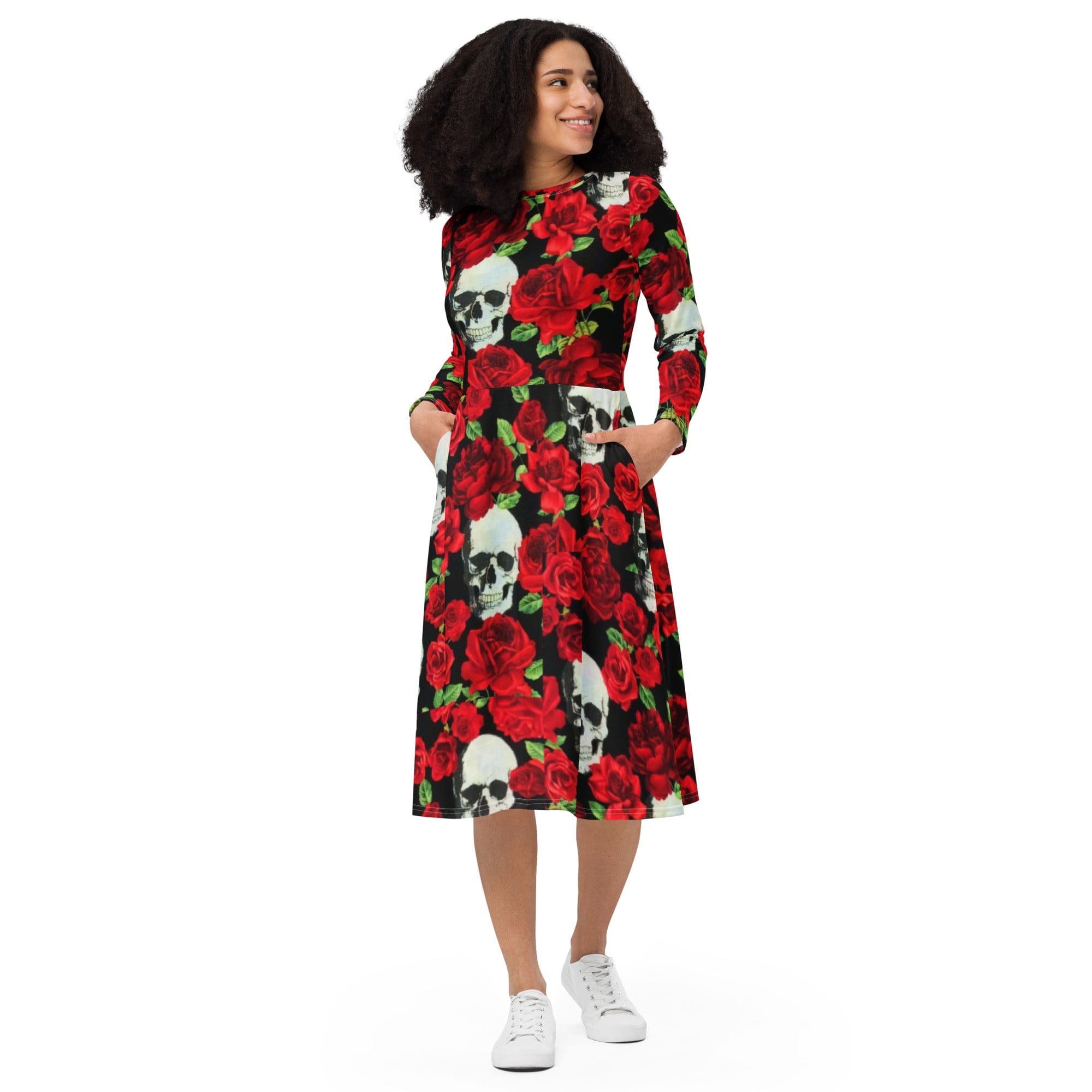 Women's Skull Red Floral Roses Long Sleeve Midi Dress Xs Women's Skull Red Floral Roses Long Sleeve Midi Dress Xs