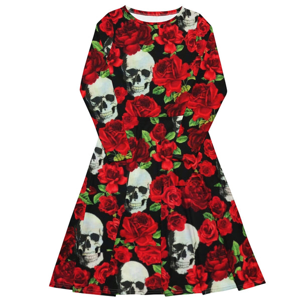 Women's Skull Red Floral Roses Long Sleeve Midi Dress