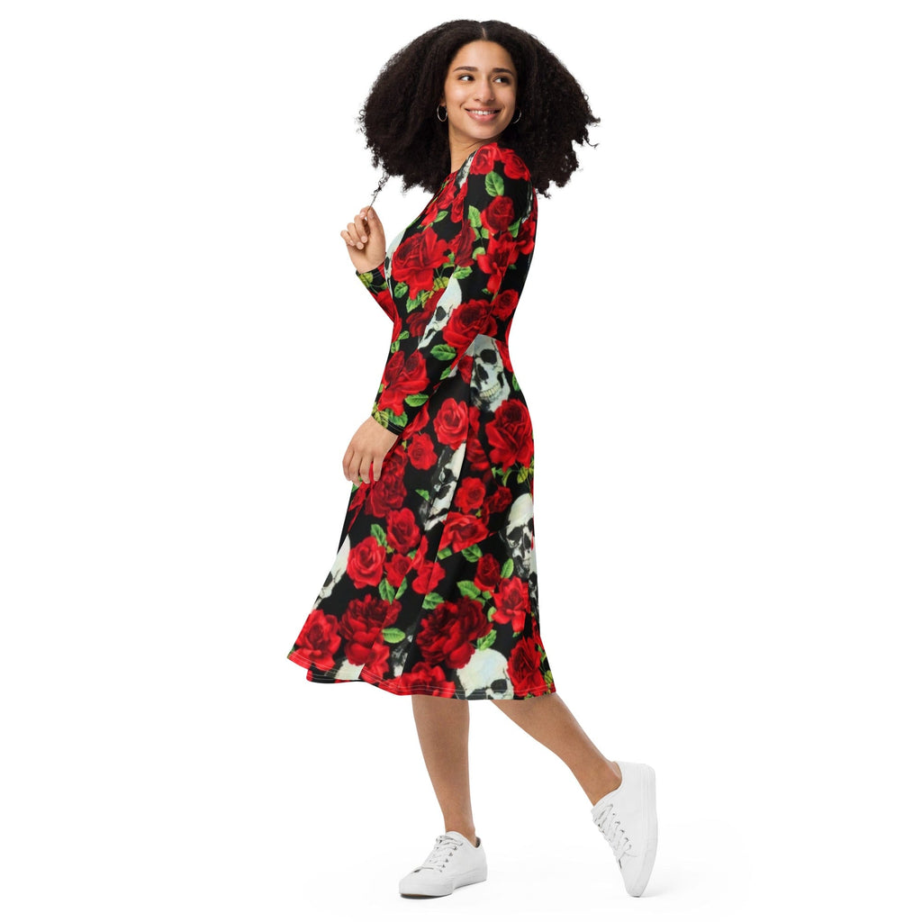 Women's Skull Red Floral Roses Long Sleeve Midi Dress Xs Women's Skull Red Floral Roses Long Sleeve Midi Dress Xs