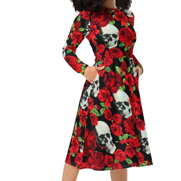Women's Skull Red Floral Roses Long Sleeve Midi Dress