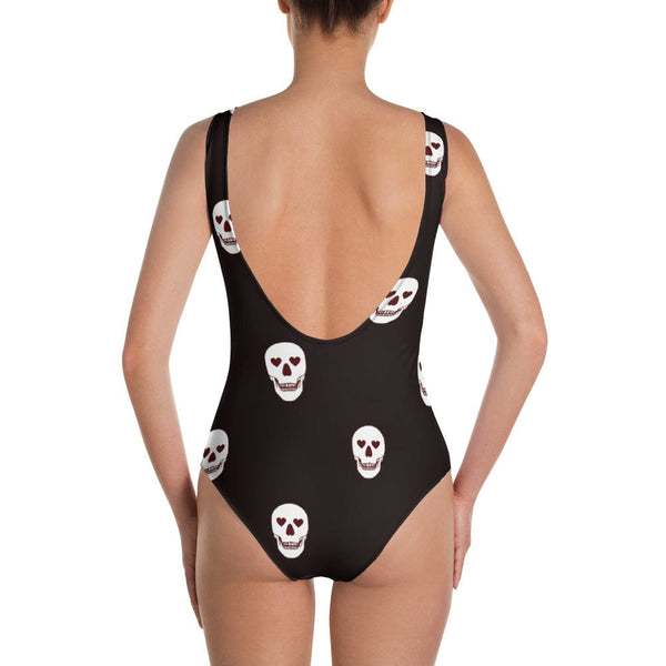 Women's Black Skull Heart Eyes One-Piece Swimsuit