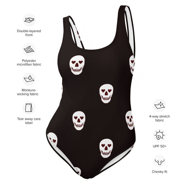 Women's Black Skull Heart Eyes One-Piece Swimsuit