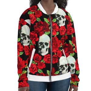Women's Red Roses White Skulls Bomber Jacket