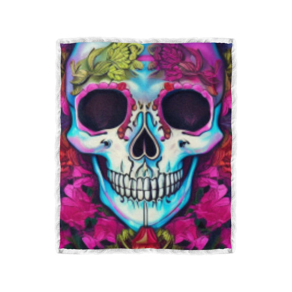 Skull Face Pink Floral Double Layer Short Plush Blanket 50"x60"
