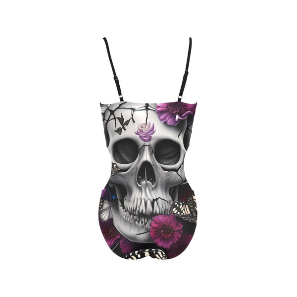 Skull With Butterflies & Purple Flowers Spaghetti Strap Cut Out Sides Swimsuit