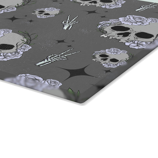 Skull Gray Floral Glass Cutting Board