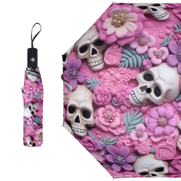 3D Pastel Skull With Pink Flowers Automatic Umbrella