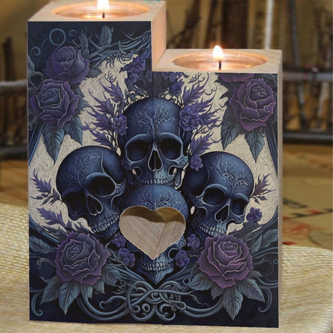 Skull Blue Floral Cork Wood Candle Holder