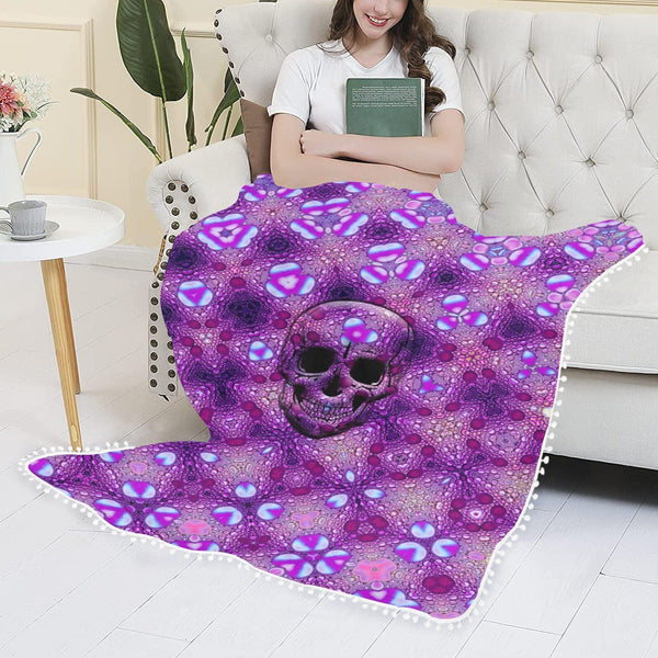 Skull Shinny Purple Pom Pom Fringe Blanket 60"x80"