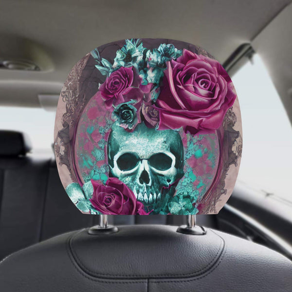 Skull Pink Floral Car Headrest Cover 2pcs