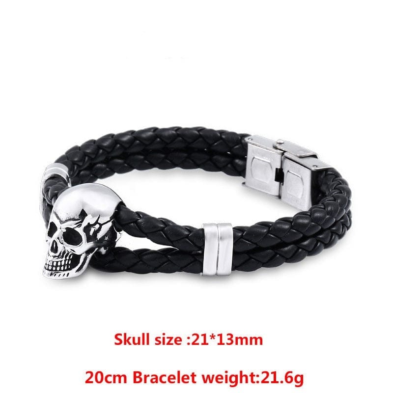 Small Skull Stainless Steel Punk Leather Bracelet