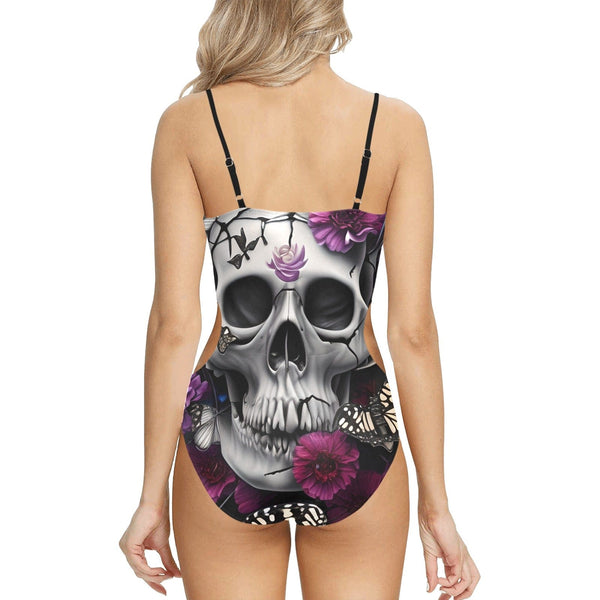 Skull With Butterflies & Purple Flowers Spaghetti Strap Cut Out Sides Swimsuit