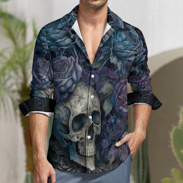 Blue Floral Skull Casual One Pocket Long Sleeve Shirt