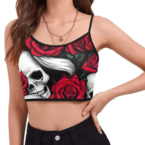 Women's Skull Red Roses Spaghetti Strap Crop Top