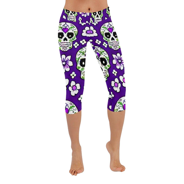 Look Creative & Chic In The Skull Floral Purple Women's Low Rise Capri Leggings