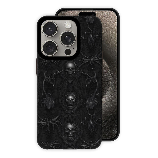 Black Skulls & Vines iPhone 15 Pro Leather Protective Case