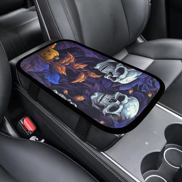 Skull With Blue Floral Console Cover Car Armrest Cover