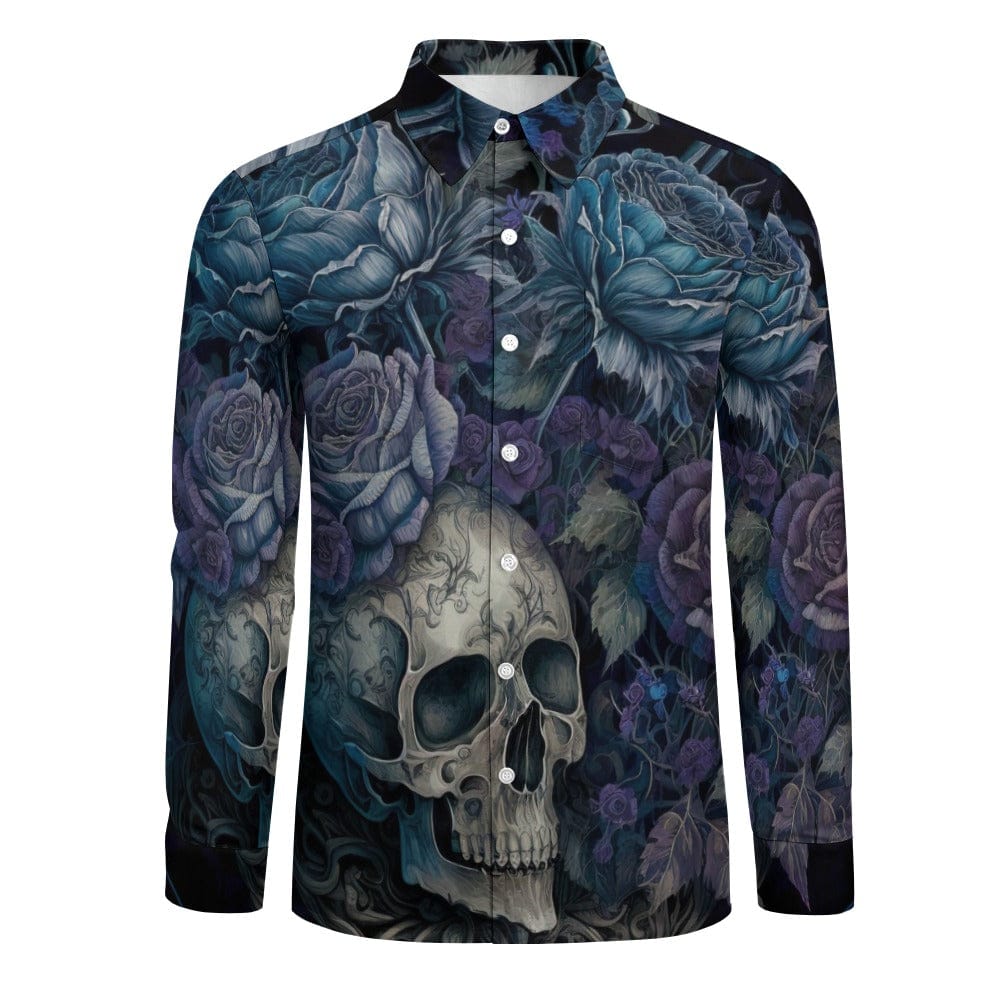 Blue Floral Skull Casual One Pocket Long Sleeve Shirt