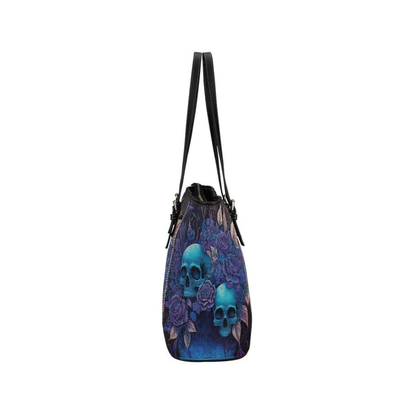 Blue Skulls Floral Small Leather Tote Bag