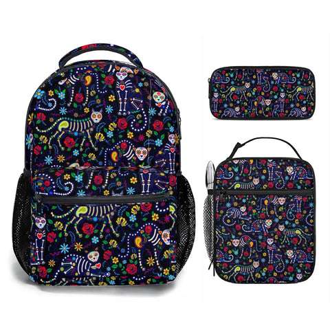 Sugar Skull Cat School Bag Portable Tote Insulated Lunch Bag Pen Pouch