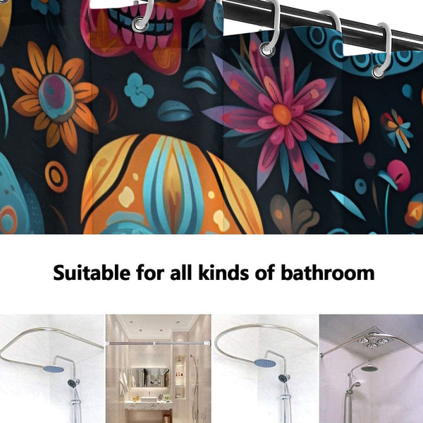 Skulls And Colorful Flowers Shower Curtain With 12 Hooks