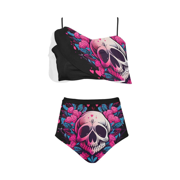 Skull Heart Pink Floral High Waisted Ruffle Bikini Two Piece Set