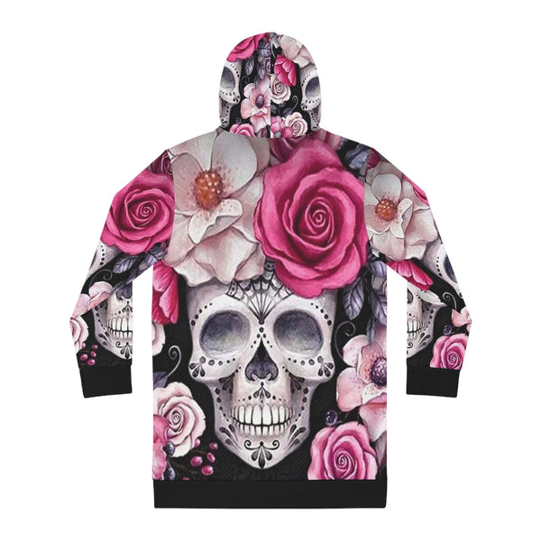 Women's Skull Pink Rose Floral Hoodie Dress