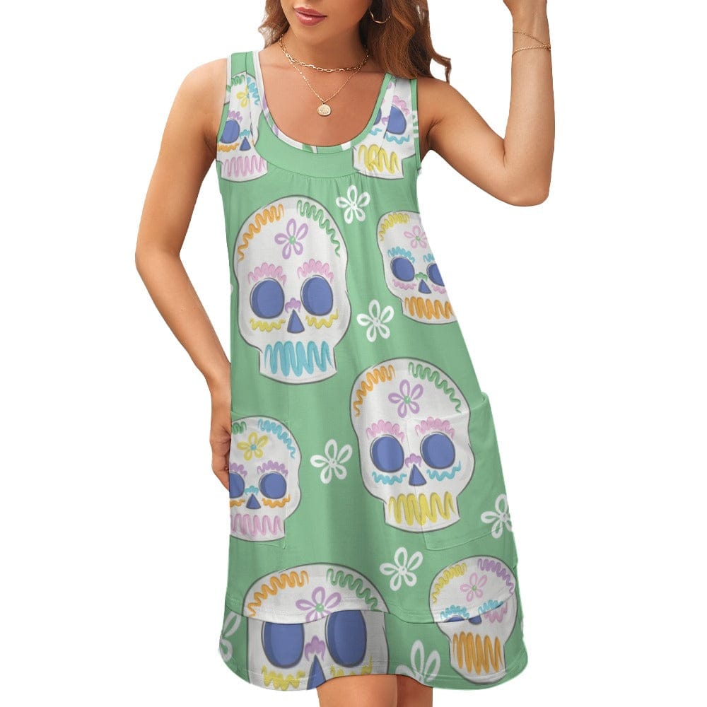 Women's Skulls Green Sleeveless U-neck Dress M / White