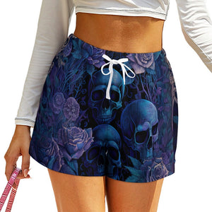 Women's Blue Skulls Floral High Waist Loose Elastic Waist Shorts