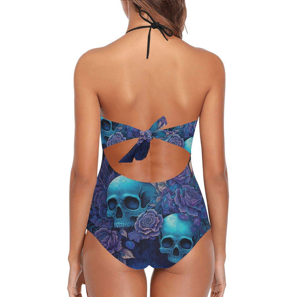 Skulls Blue Floral One Piece Lace Band Embossing Swimsuit