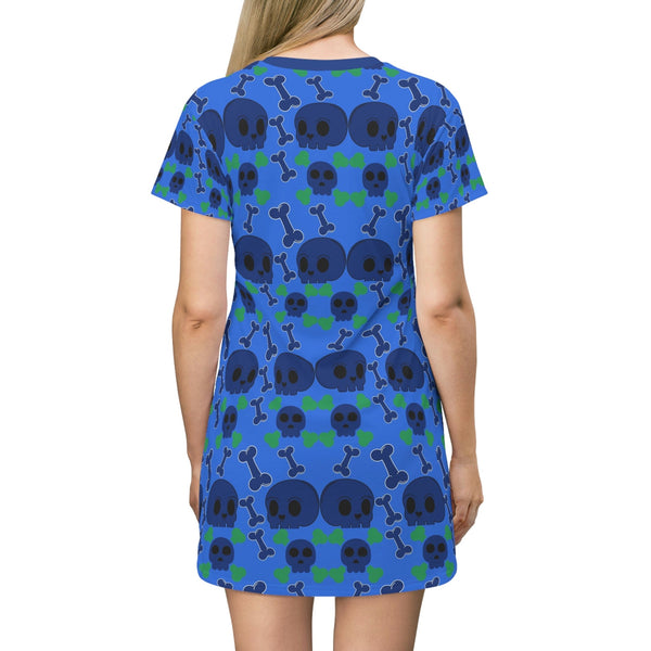 Women's Blue Skull Print T-Shirt Dress