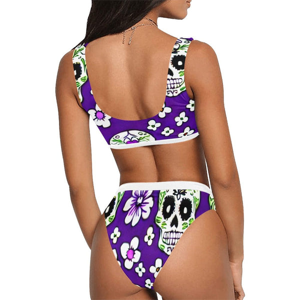 Purple Skull Floral Two Piece Sport Top & High-Waisted Bikini