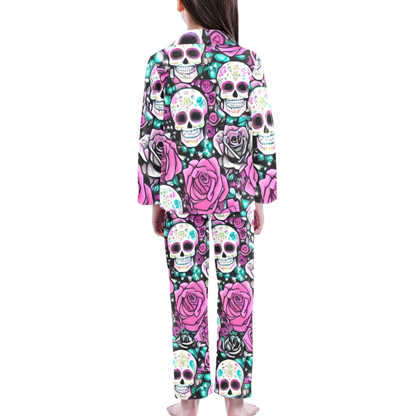Sugar Skulls Pink Floral Big Girls V-Neck Long Pajama Set
