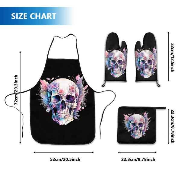Skull Face With Flowers Oven Mits, Pot Holder & Apron Set